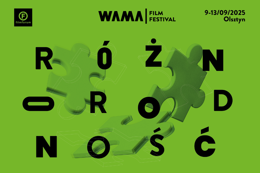 Plakat 12. WAMA Film Festival. Trzy zielone puzzle na zielonym tle. Napis "RÓŻNORODNOŚĆ".
