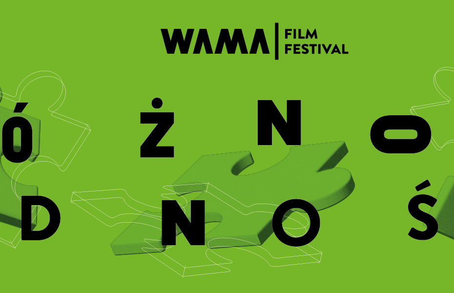 Grafika promująca 12. WAMA Film Festival. Trzy zielone puzzle na zielonym tle. Napis "RÓŻNORODNOŚĆ" z każdą literą pisaną inną czcionką.