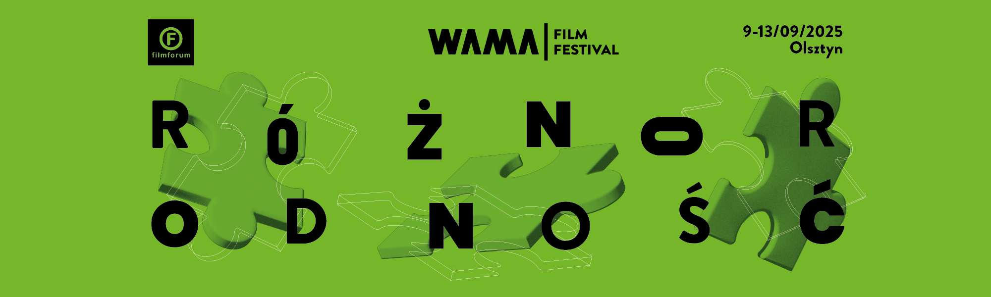 Grafika promująca 12. WAMA Film Festival. Trzy zielone puzzle na zielonym tle. Napis "RÓŻNORODNOŚĆ" z każdą literą pisaną inną czcionką.